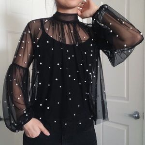 sheer mesh pearl studded top